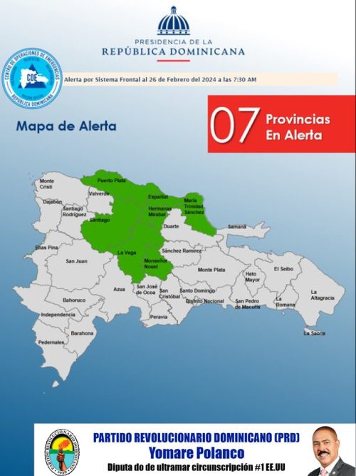 Pronostican aguaceros para las próximas 24 a 48 horas; emiten alerta para siete provincias